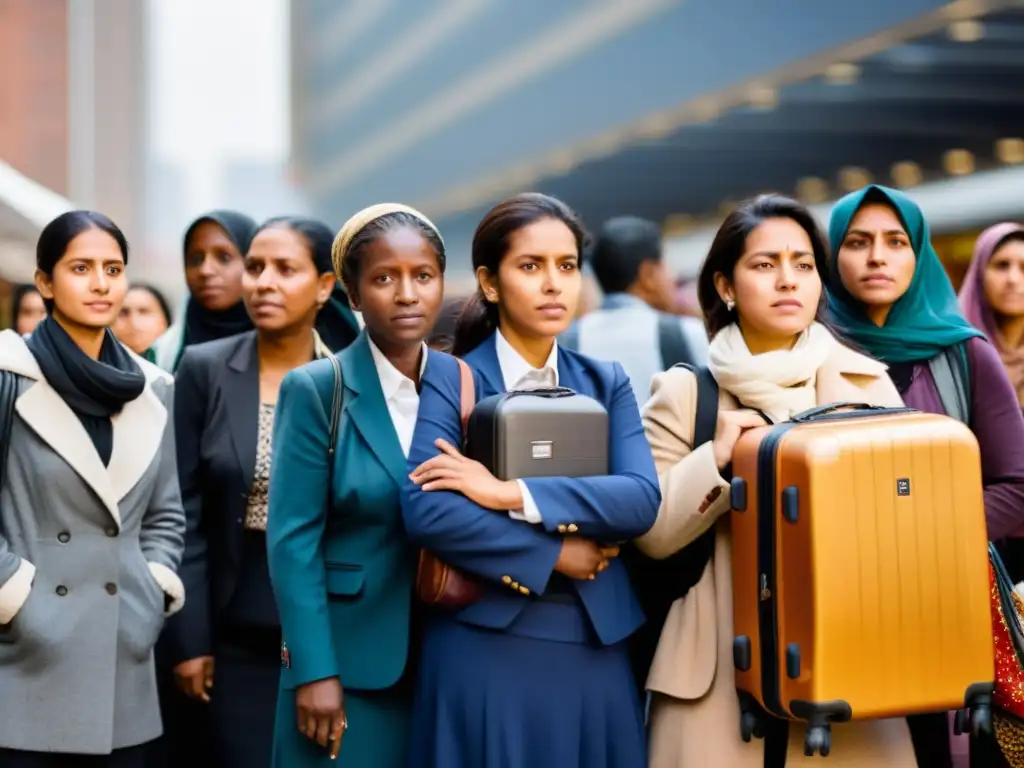 Un grupo de mujeres migrantes de diferentes orígenes culturales, con expresiones de determinación y cansancio, se reúnen en un entorno urbano