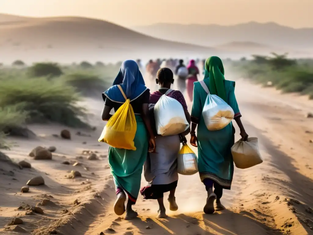 Un grupo de mujeres migrantes camina por un paisaje polvoriento y árido, mostrando determinación y esperanza en su difícil viaje