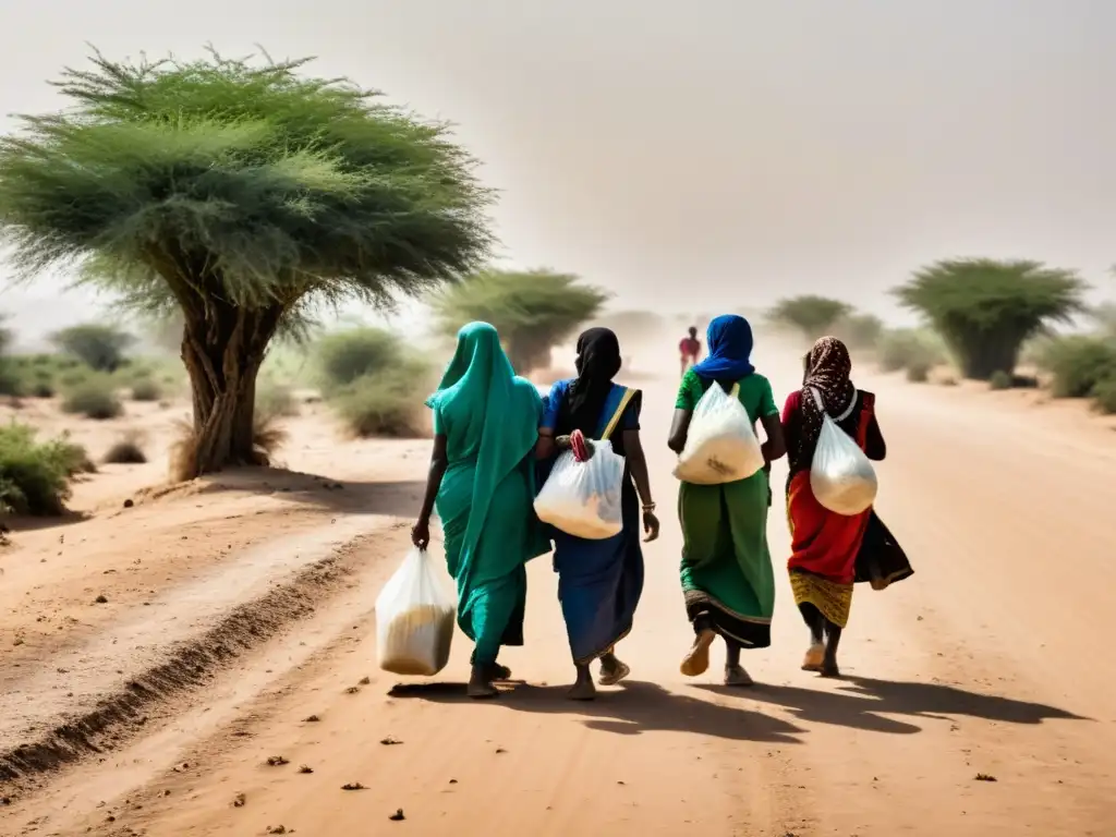 Un grupo de mujeres migrantes caminando bajo el sol abrasador, cargando sus pertenencias