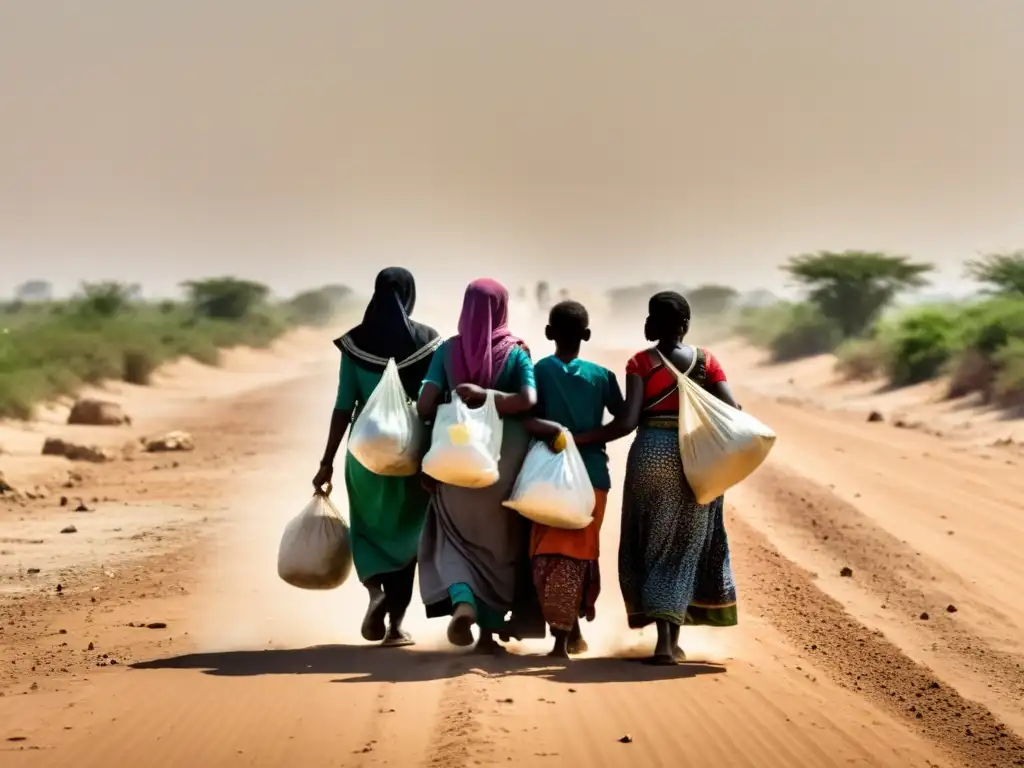 Un grupo de mujeres migrantes camina bajo el sol abrasador con sus pertenencias en la espalda