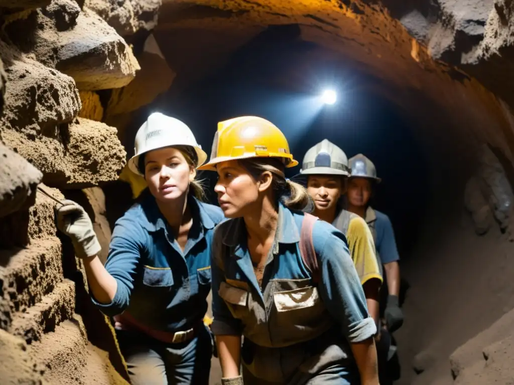 Grupo de mujeres mineras en túnel oscuro, con rostros cansados pero decididos