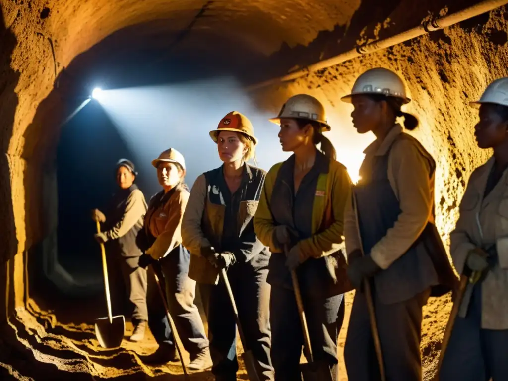 Un grupo de mujeres mineras en un túnel subterráneo, rostros sucios, trabajando con determinación a pesar de la vulnerabilidad en la industria minera