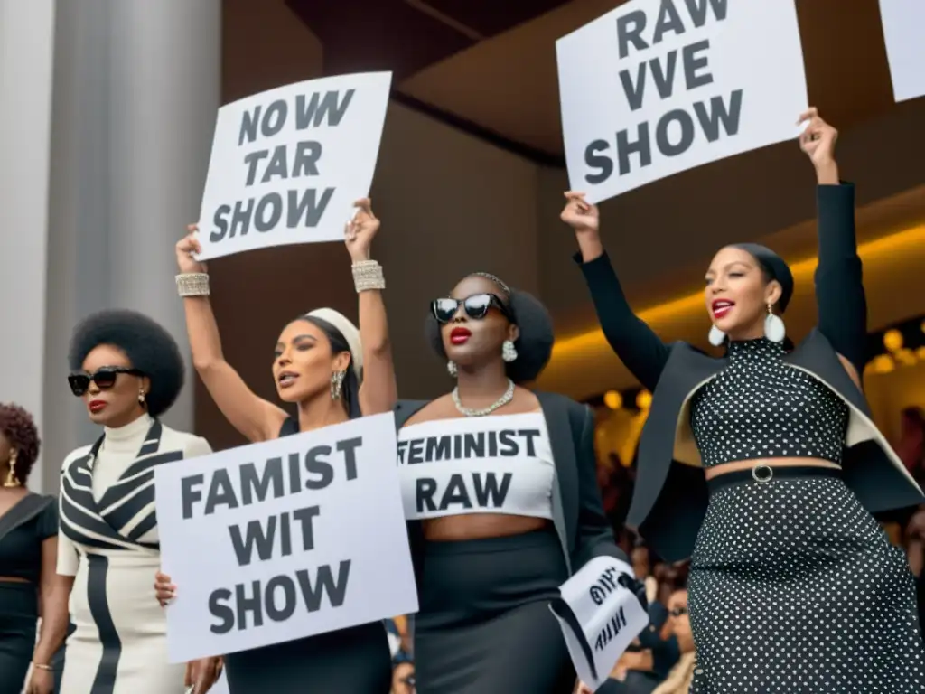 Grupo de mujeres protestando en la moda como expresión de la mujer moderna, con letreros feministas