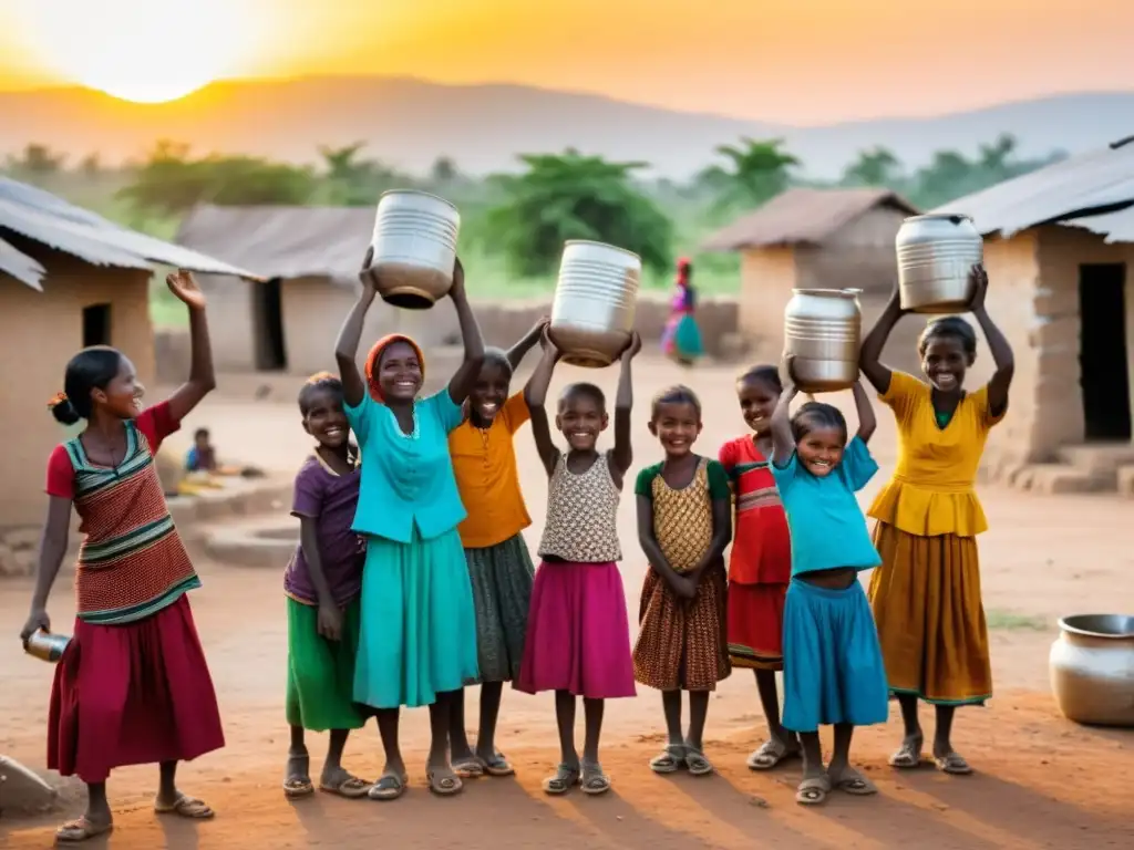 Grupo de mujeres y niños en aldea postconflicto, llevando agua y jugando al atardecer