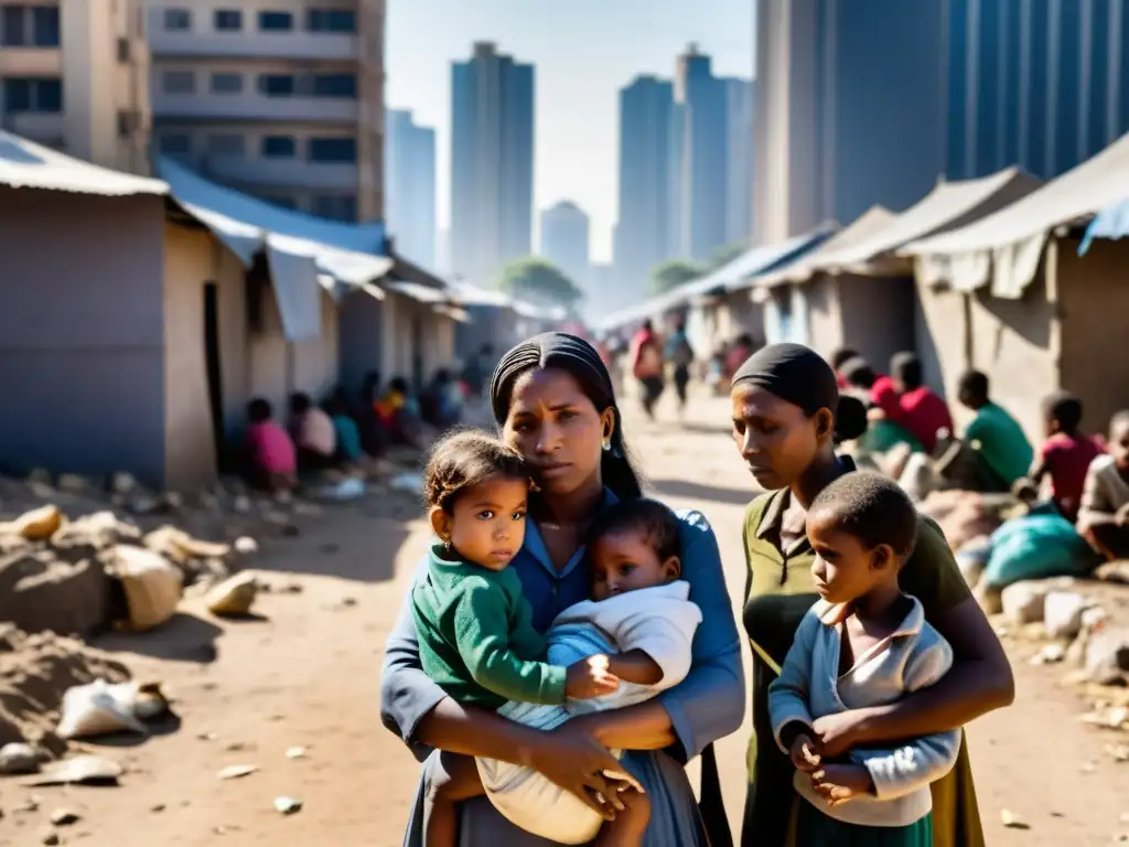 Grupo de mujeres y niños en un área urbana desgastada