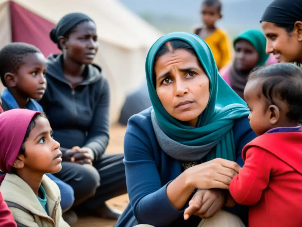 Grupo de mujeres y niños en un campamento de refugiados, mostrando resistencia y solidaridad