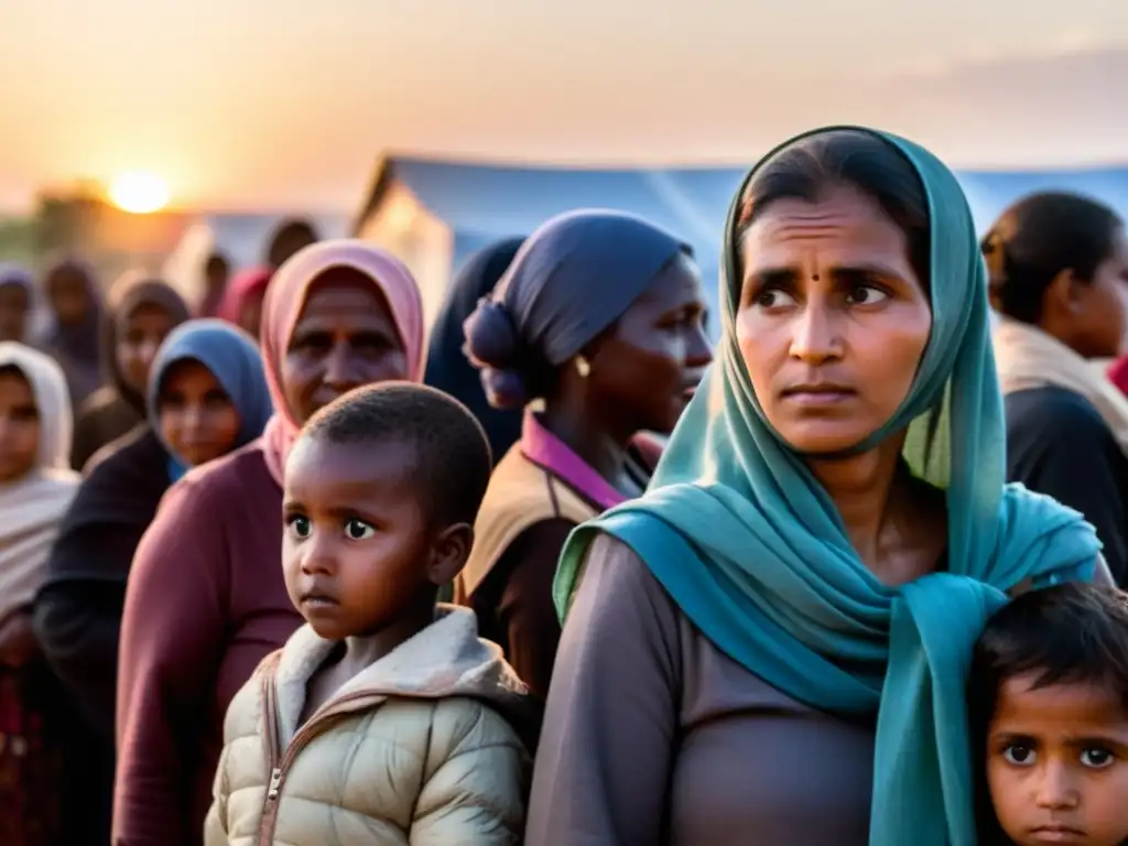 Grupo de mujeres y niños en un campamento de refugiados, enfrentando retos específicos en crisis humanitarias