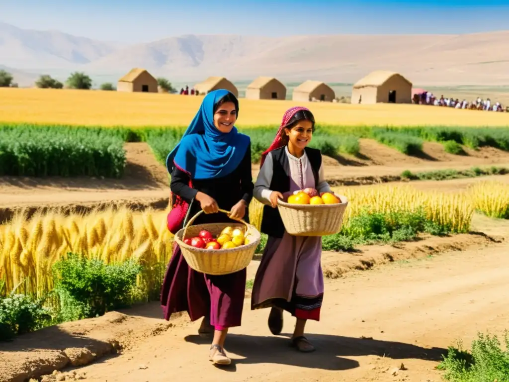 Grupo de mujeres yazidíes y niños en un campo soleado, vistiendo ropa tradicional colorida, recogiendo productos frescos y jugando