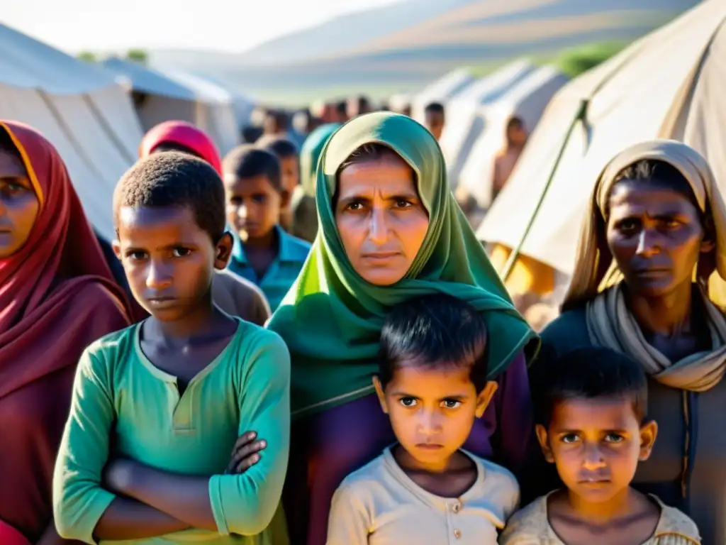 Grupo de mujeres y niños desplazados en un campo de refugiados, mostrando determinación en medio de retos específicos en crisis humanitarias