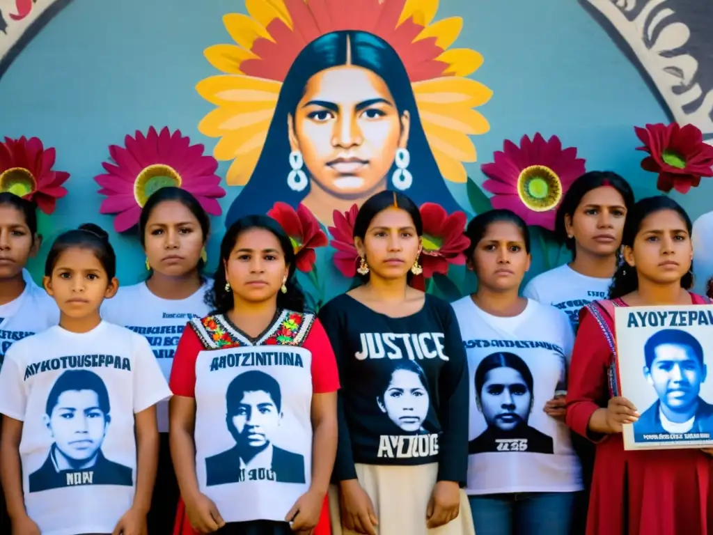 Un grupo de mujeres e indígenas y niños frente a un mural por los derechos humanos, impacto Ayotzinapa, con determinación y resiliencia