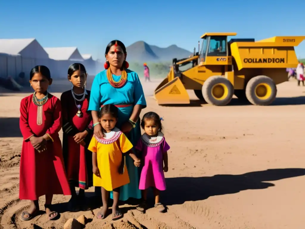 Un grupo de mujeres y niños indígenas defienden solemnemente un terreno de desarrollo industrial en Oaxaca, mostrando determinación y miedo