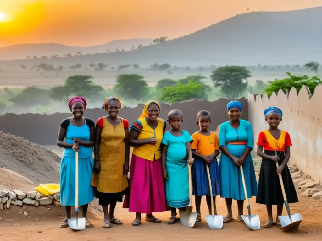 Grupo de mujeres y niños reconstruyendo sociedad postbélica, simbolizando la equidad de género en sociedades postbélicas