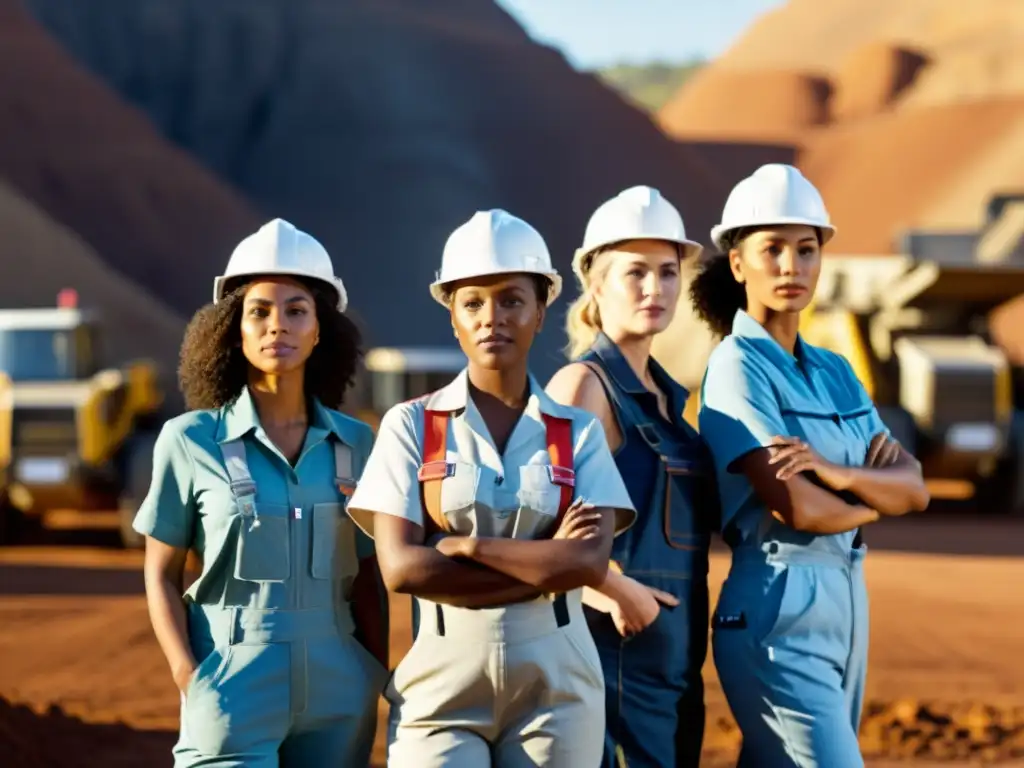 Grupo de mujeres en overoles y cascos en la industria minera, mostrando determinación y fortaleza frente a la vulnerabilidad