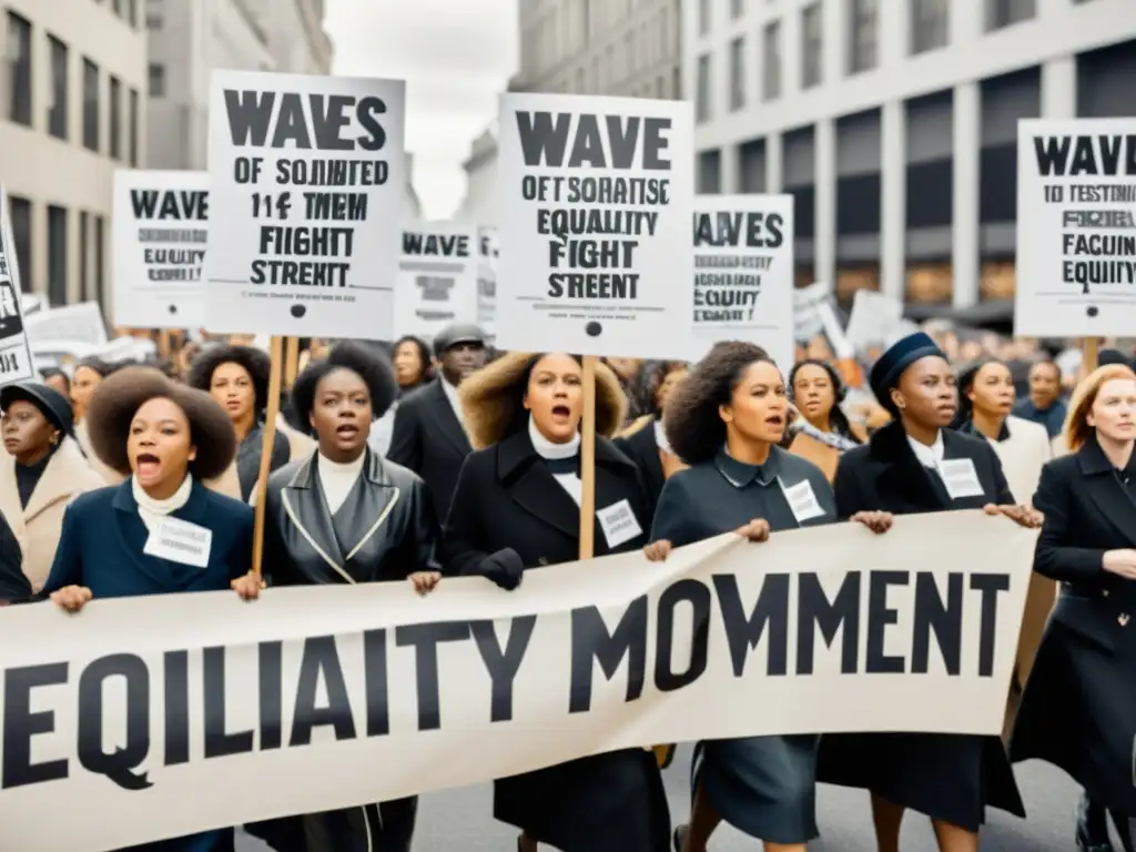 Grupo de mujeres marchando con pancartas en blanco y negro, representando la fuerza y solidaridad de las primeras olas del feminismo y equidad