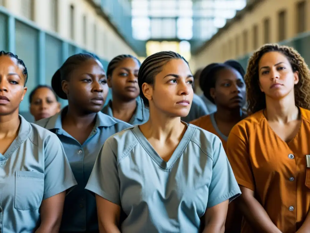 Grupo de mujeres en el patio de una prisión, reflejando la realidad del sistema penitenciario femenino con autenticidad, respeto y humanidad