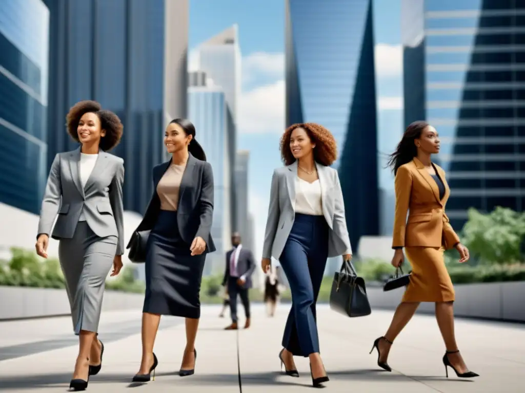 Grupo de mujeres profesionales caminando con determinación en la ciudad, luchando por igualdad de género en entornos laborales