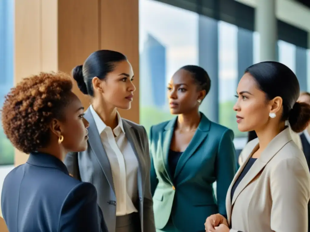 Un grupo de mujeres profesionales diversas en una oficina moderna, discutiendo con determinación