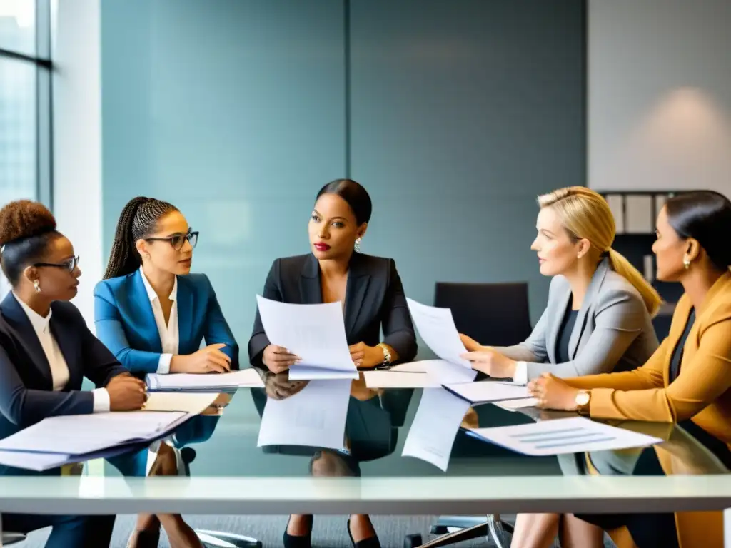 Un grupo de mujeres profesionales diversas en una reunión de trabajo, abordando la brecha salarial de género con determinación y optimismo