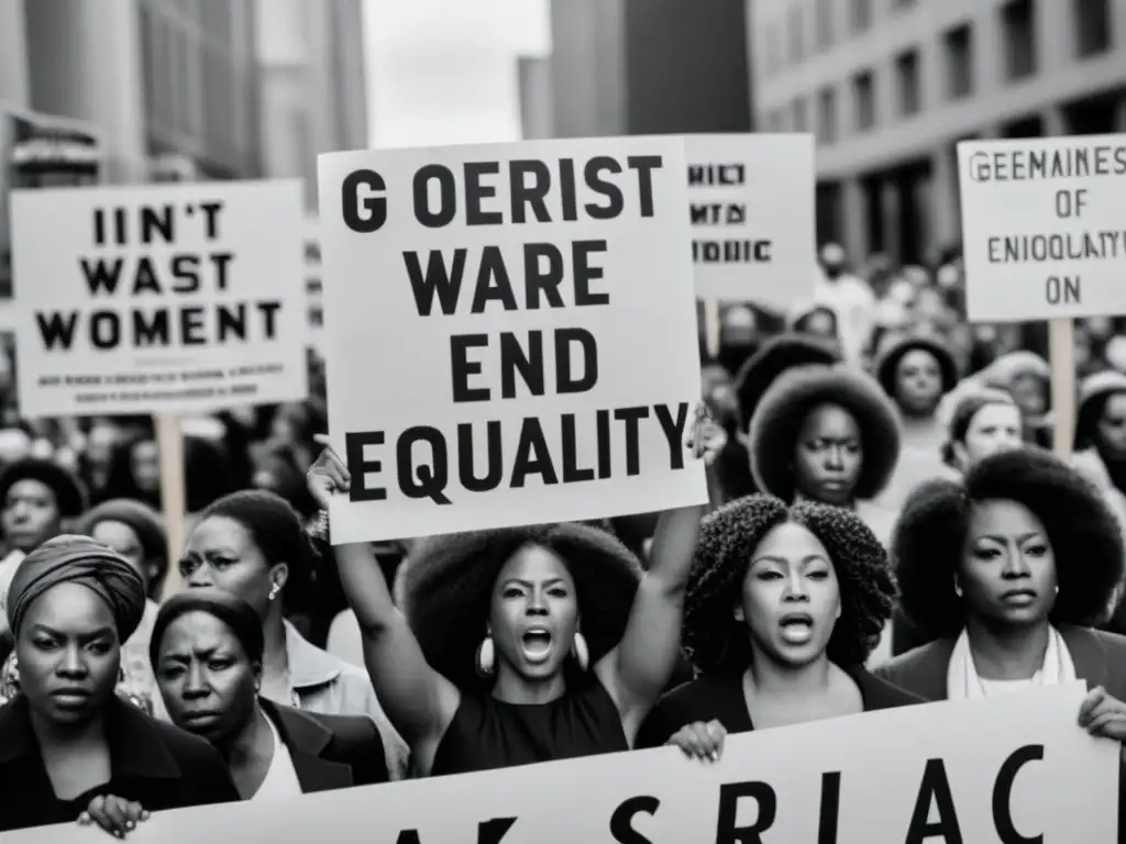 Grupo de mujeres marchando en protesta con carteles, expresando determinación y resistencia contra violaciones de derechos humanos de género