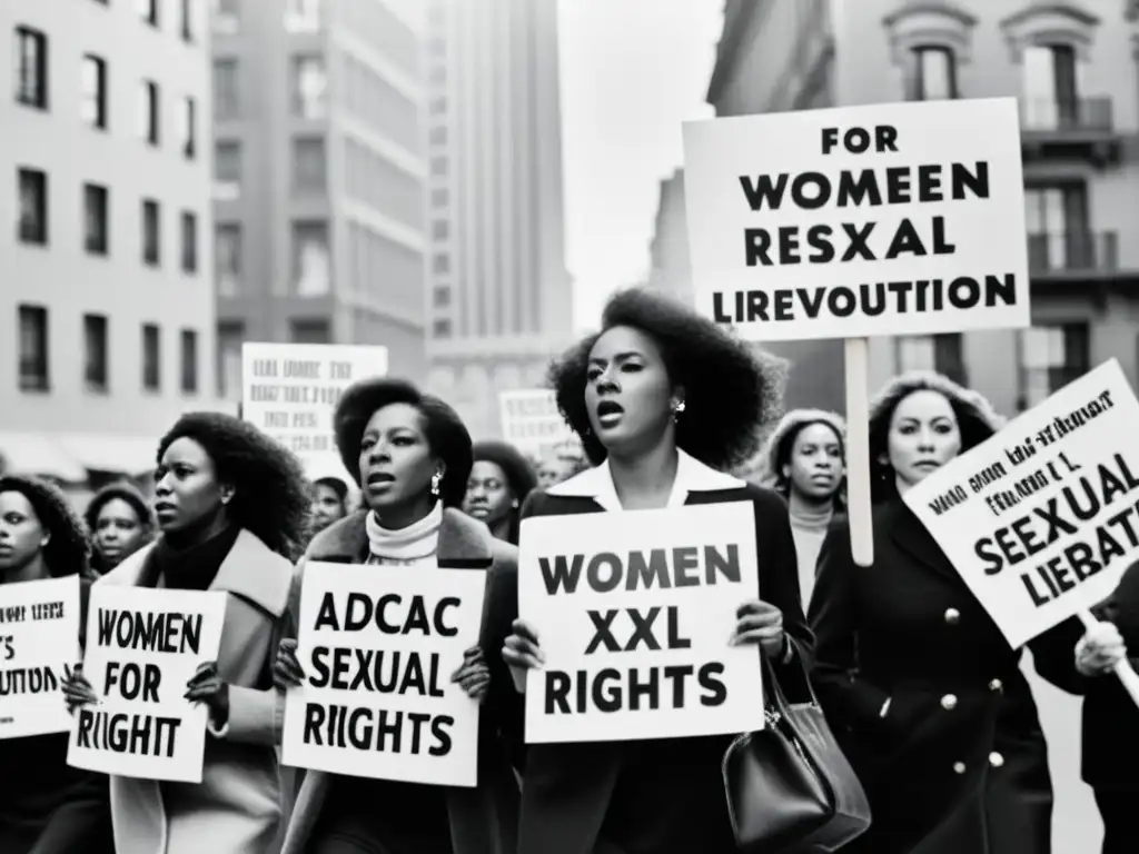 Grupo de mujeres marchando en protesta por los derechos humanos y la revolución sexual, mostrando determinación y empoderamiento en la lucha