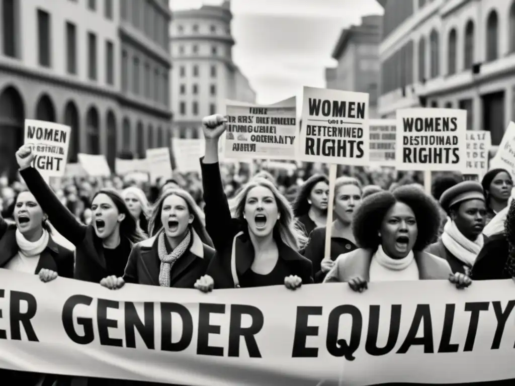 Grupo de mujeres marchando en protesta histórica por la igualdad de género, con pancartas vintage y expresiones determinadas
