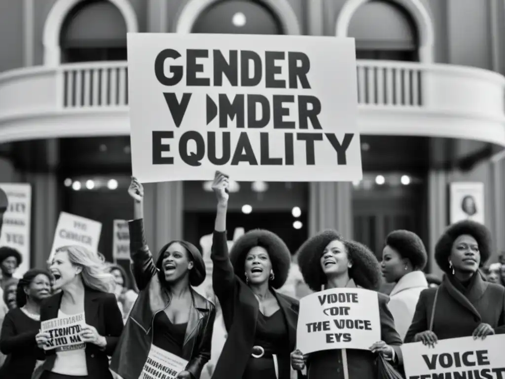 Un grupo de mujeres protesta por la igualdad de género frente a un cine histórico, con pancartas y mensajes feministas