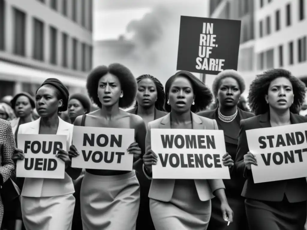 Grupo de mujeres marchando en protesta contra la violencia de género durante dictaduras, mostrando determinación y solidaridad