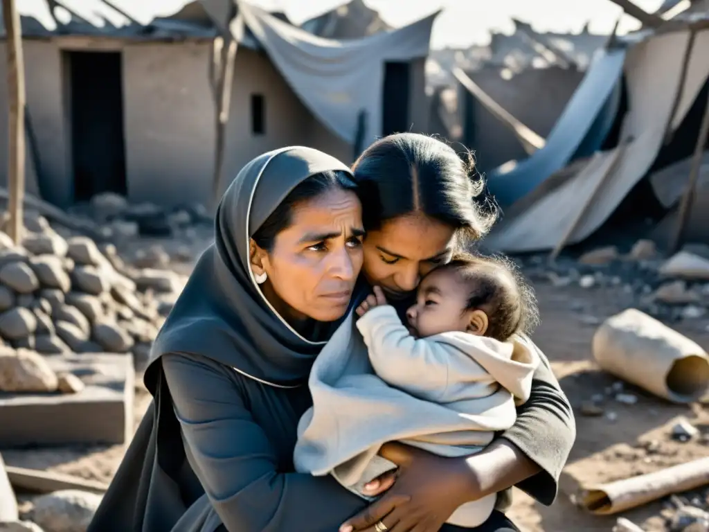 Grupo de mujeres en refugio improvisado, reflejando la fuerza y resiliencia en medio del impacto de las guerras en los derechos de las mujeres