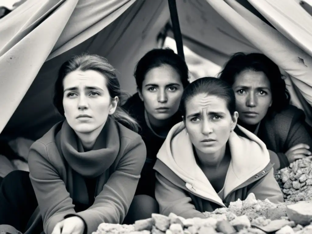 Un grupo de mujeres en un refugio improvisado, mostrando resiliencia y vulnerabilidad en una zona de guerra