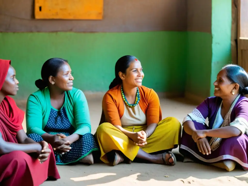 Un grupo de mujeres reunidas en círculo en un área desfavorecida, mostrando determinación y empoderamiento a pesar de la pobreza