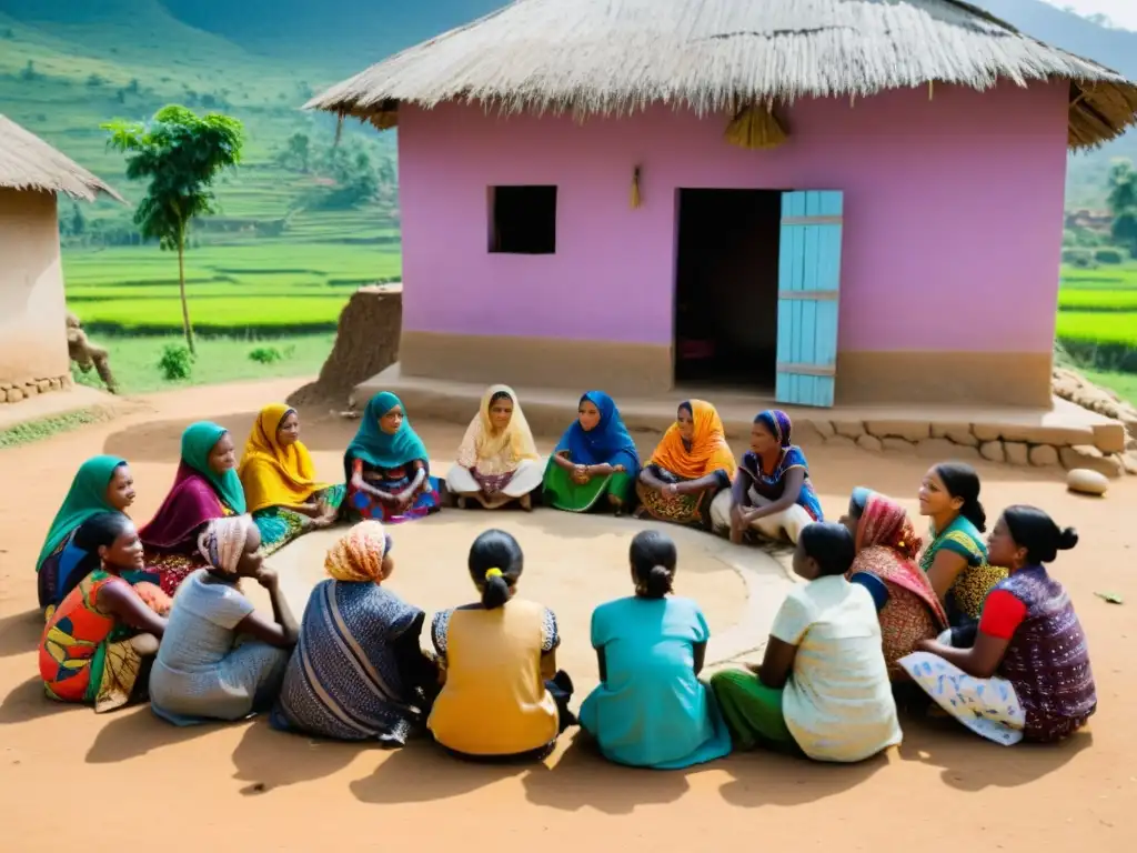 Un grupo de mujeres en una reunión de microfinanzas, vistiendo ropas tradicionales en una comunidad empobrecida