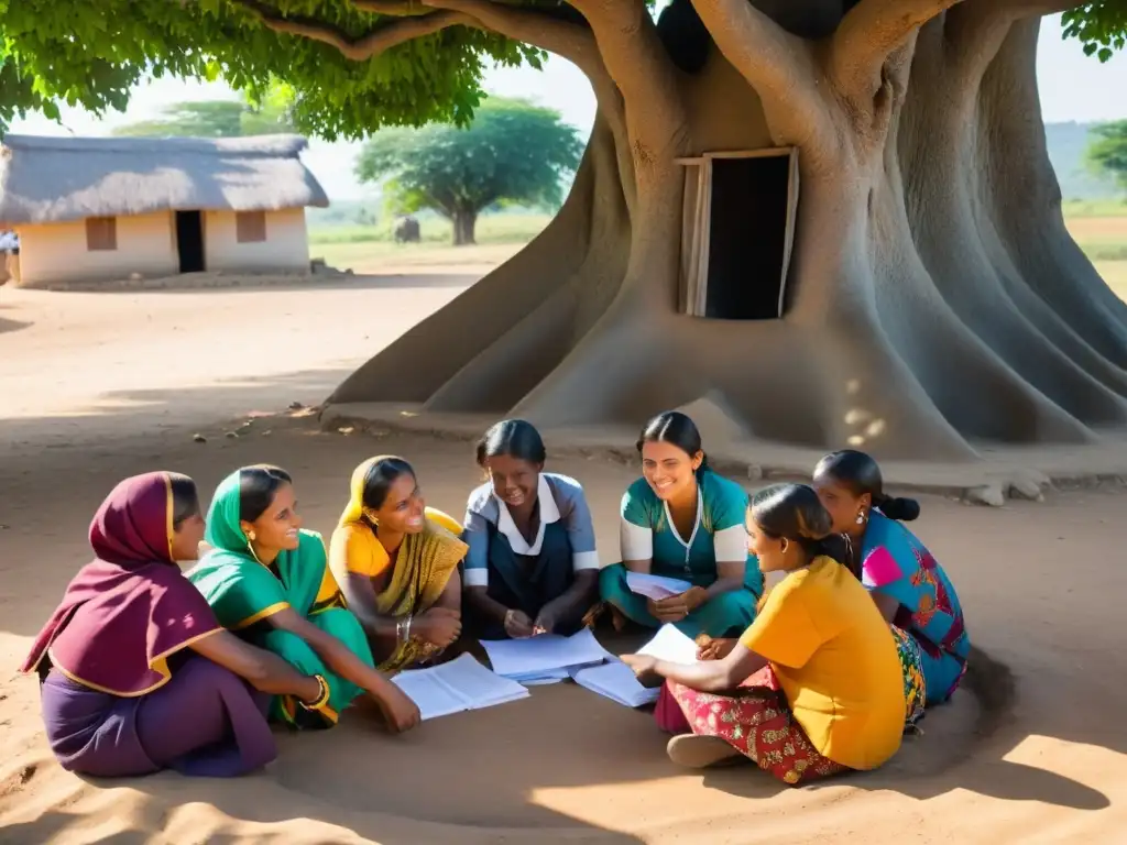 Grupo de mujeres en una reunión de microfinanzas en una aldea rural, bajo un árbol