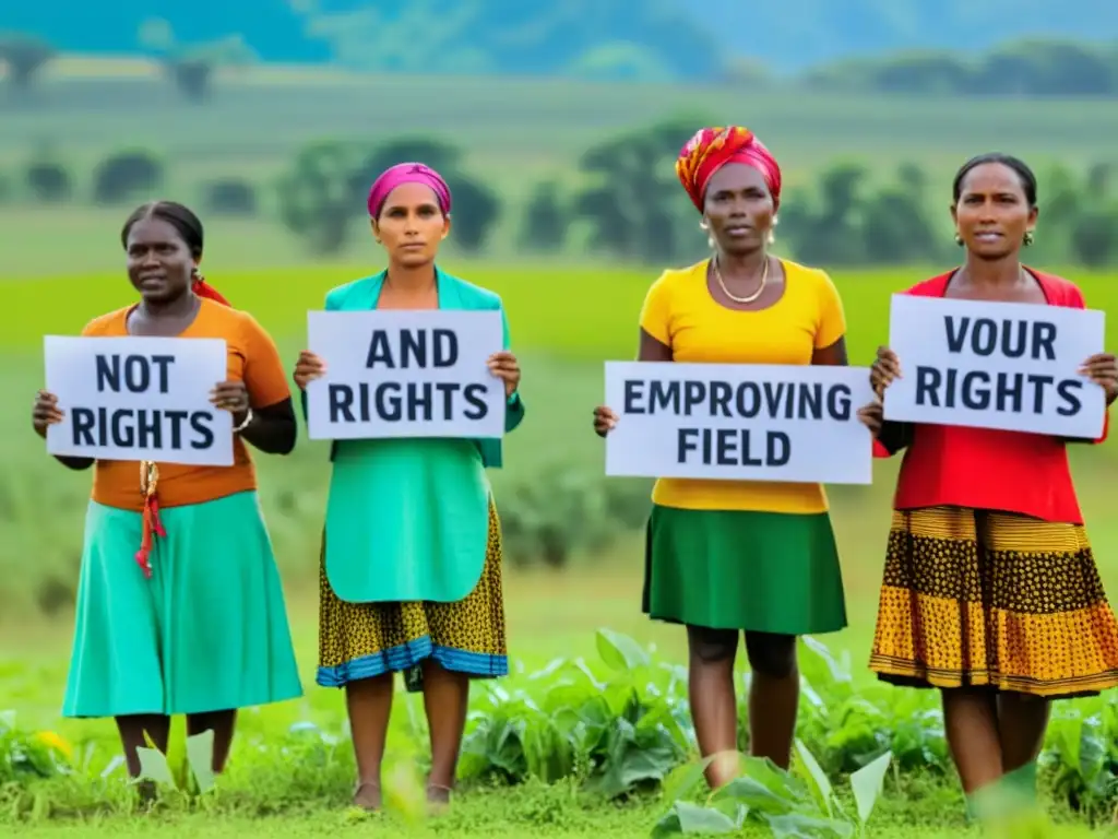 Un grupo de mujeres rurales empoderadas, defensores de derechos humanos, con expresiones determinadas, sosteniendo pancartas en un campo vibrante