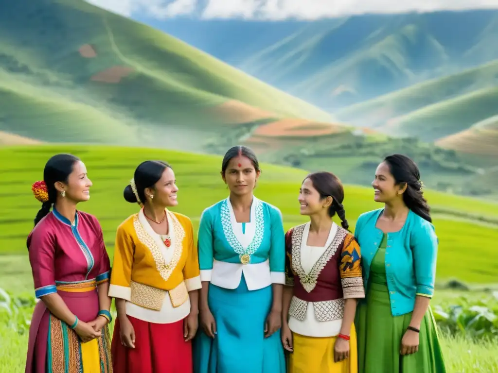 Un grupo de mujeres rurales en ropa tradicional colorida se paran en círculo, unidas y determinadas, frente a un paisaje de campos verdes y colinas