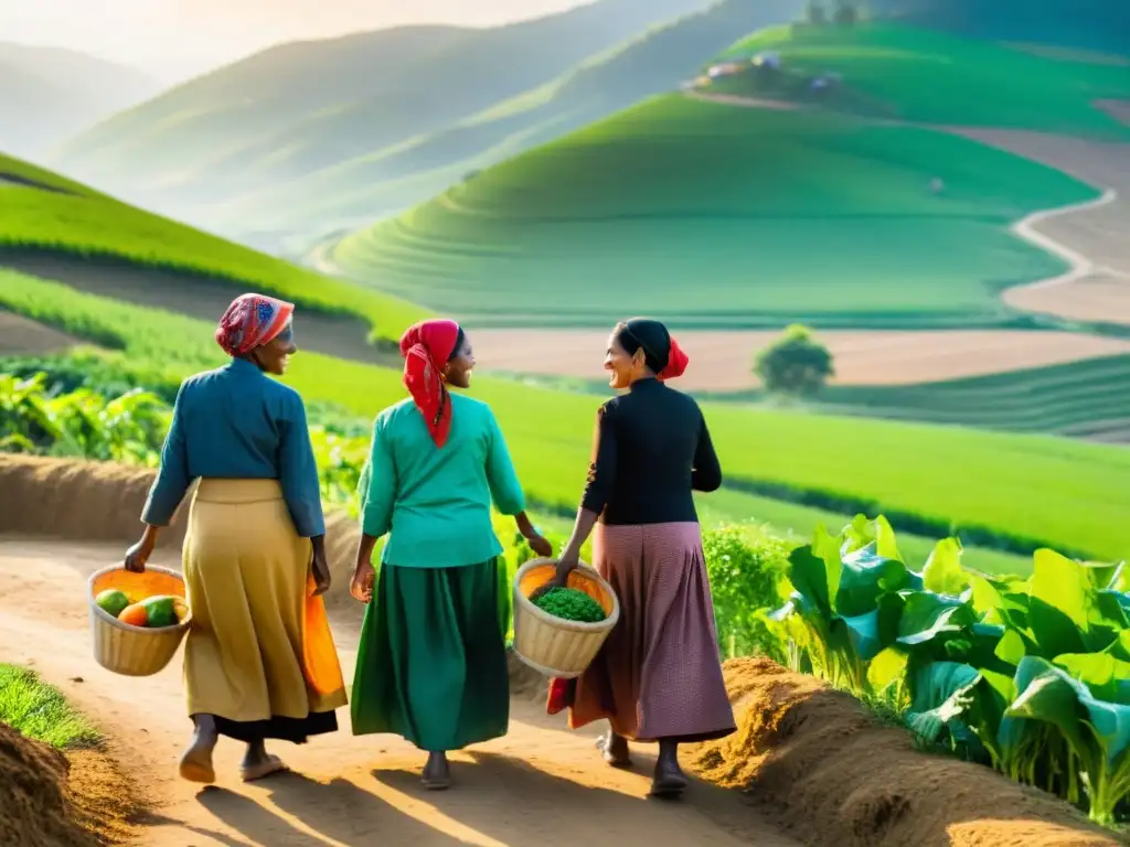 Grupo de mujeres rurales unidas en torno al pozo, llevando cestas de cosecha, conversando y riendo