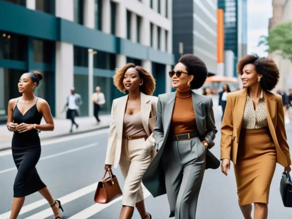 Un grupo de mujeres seguras y diversas caminando por la ciudad, expresando su individualidad a través de la moda, representando la moda como expresión mujer moderna