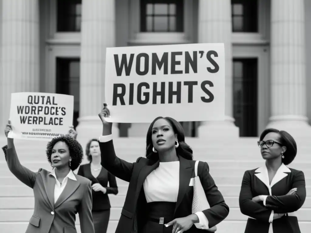 Un grupo de mujeres en trajes de negocios frente a un juzgado, sosteniendo carteles por la igualdad laboral