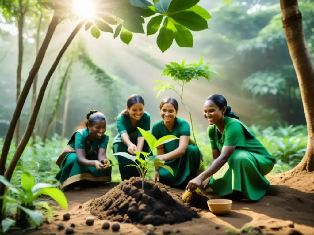 Un grupo de mujeres en trajes tradicionales plantando árboles en un bosque exuberante, mostrando su impacto en la lucha contra el cambio climático