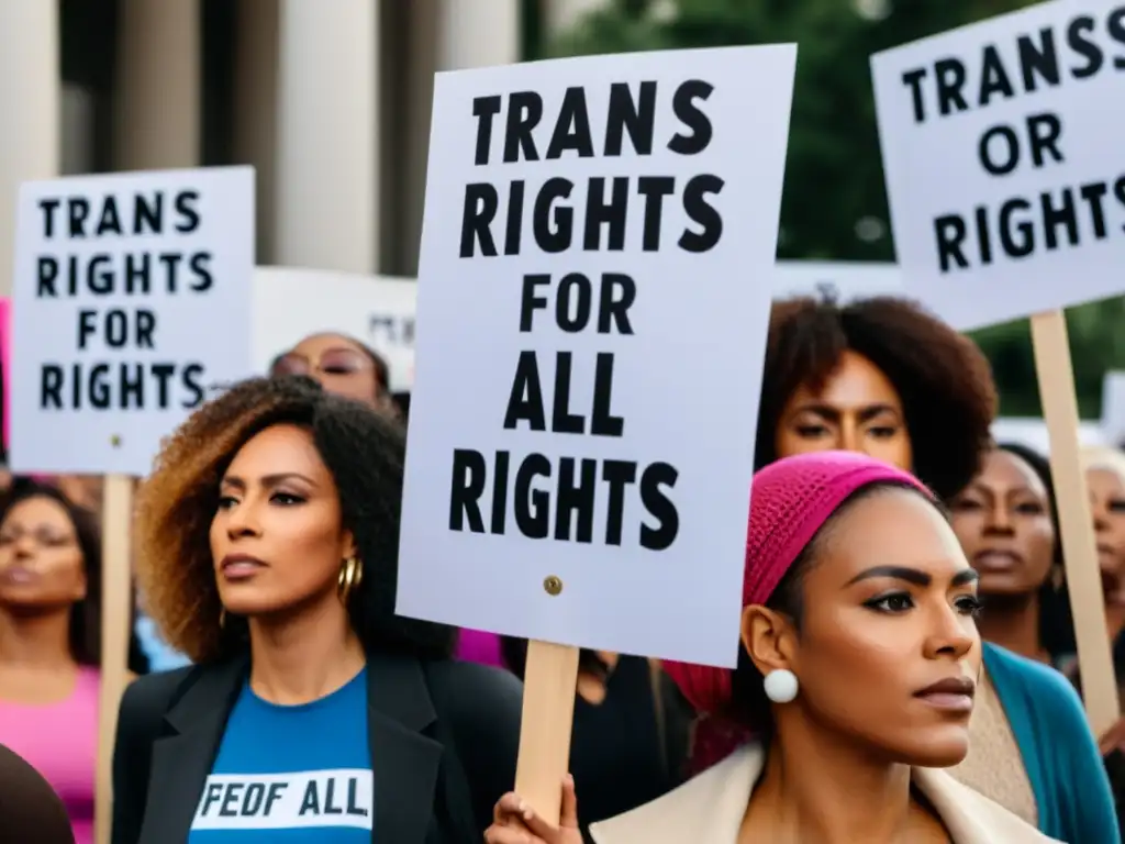 Grupo de mujeres trans en protesta pacífica, mostrando carteles por los derechos humanos para mujeres trans, transmitiendo fuerza y determinación