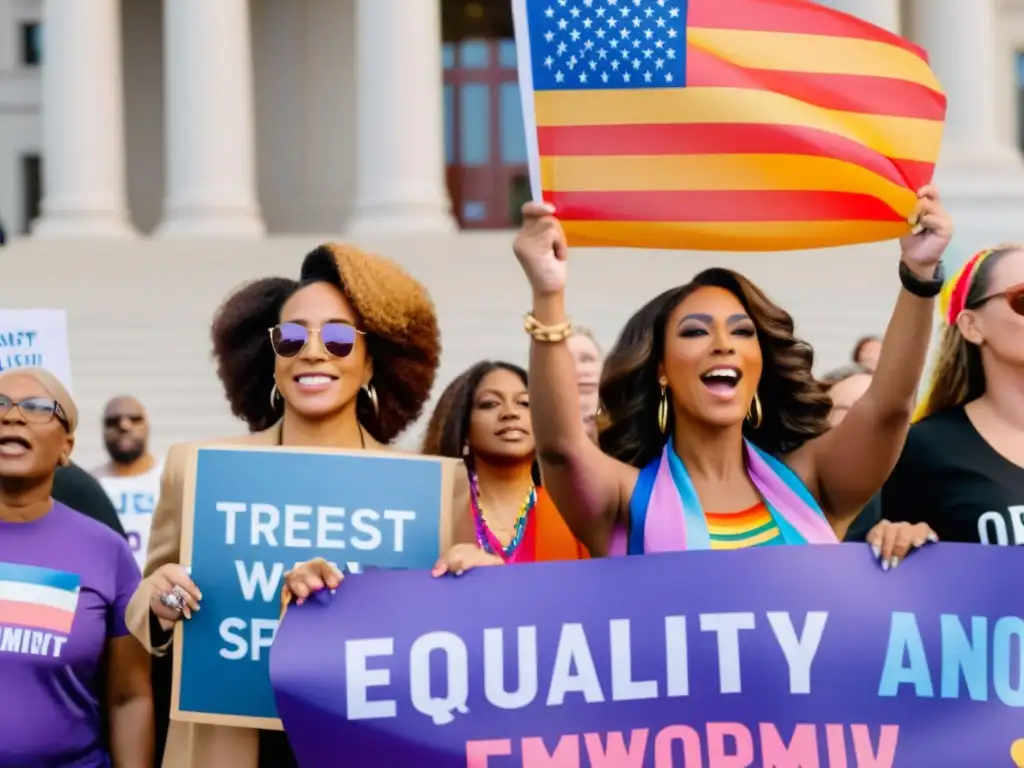 Un grupo de mujeres transgénero con carteles de igualdad y empoderamiento frente a un juzgado durante una protesta