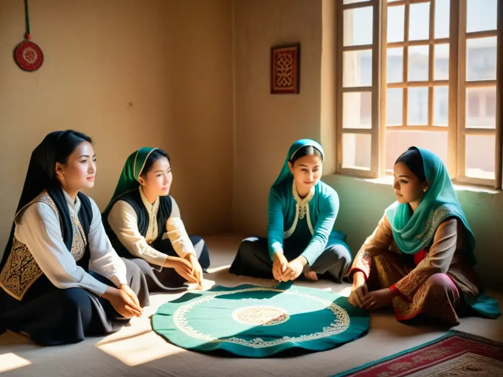 Grupo de mujeres uigures bordando con determinación, mostrando la riqueza cultural y resistencia ante la represión de derechos humanos en Xinjiang