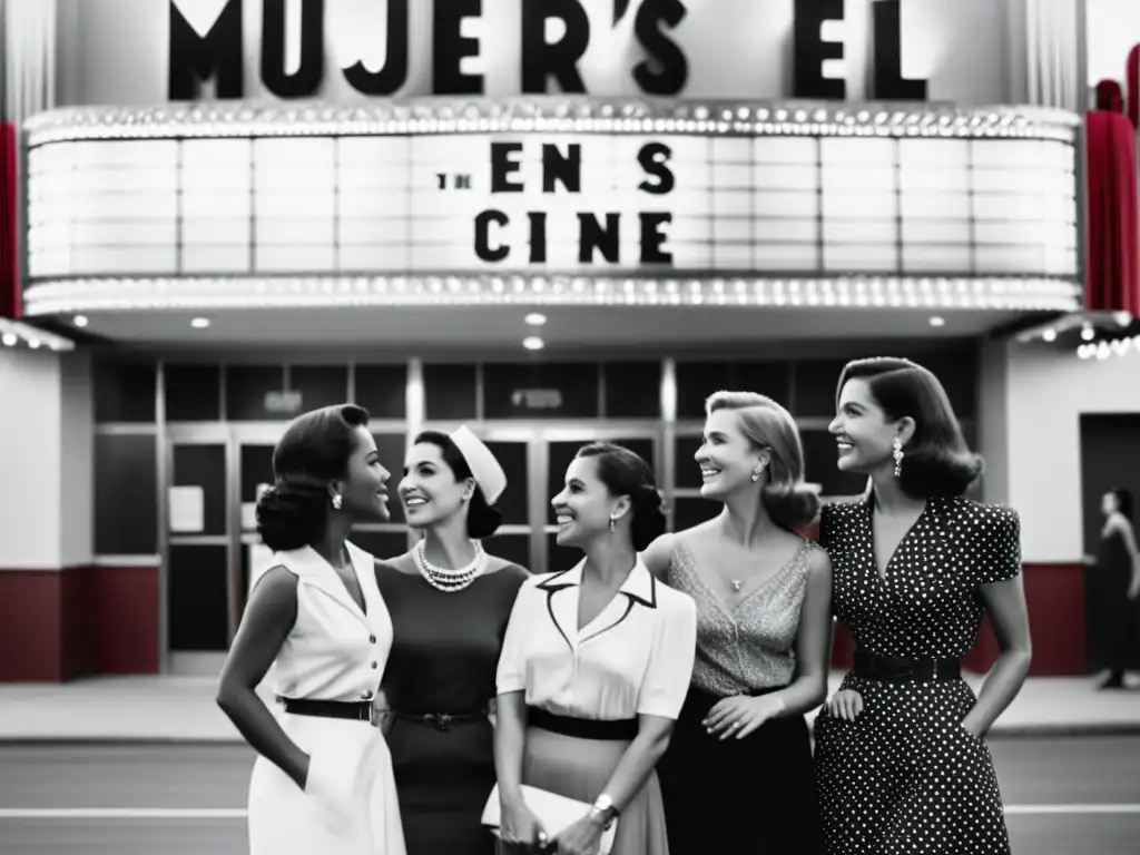 Mujeres en el cine: Empoderamiento y solidaridad Un grupo de mujeres vestidas de época conversan frente al cine, reflejando pasión y determinación