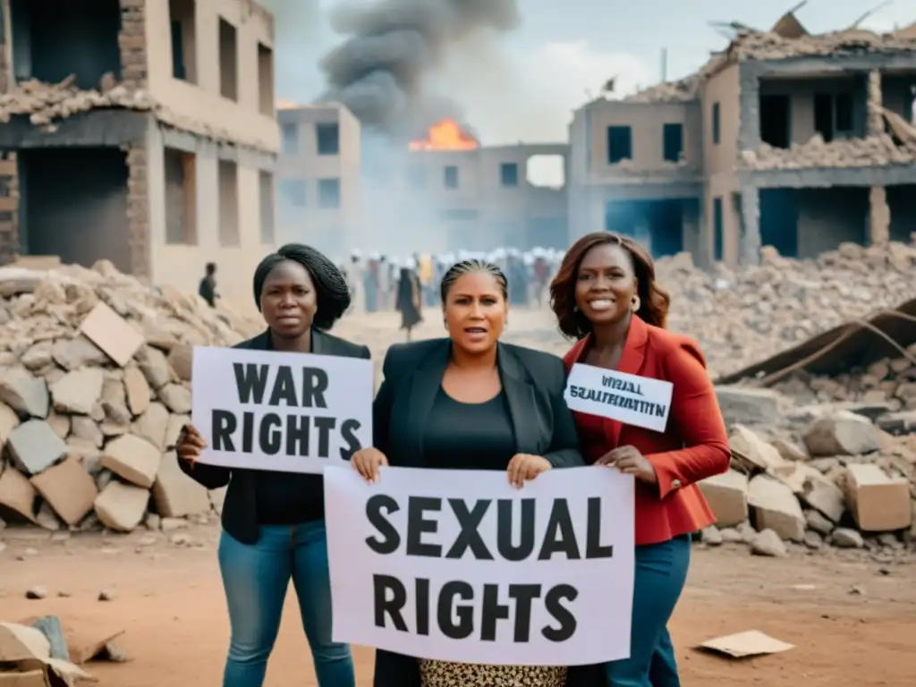 Grupo de mujeres en zona de conflicto luchando por derechos de salud sexual con valentía y determinación