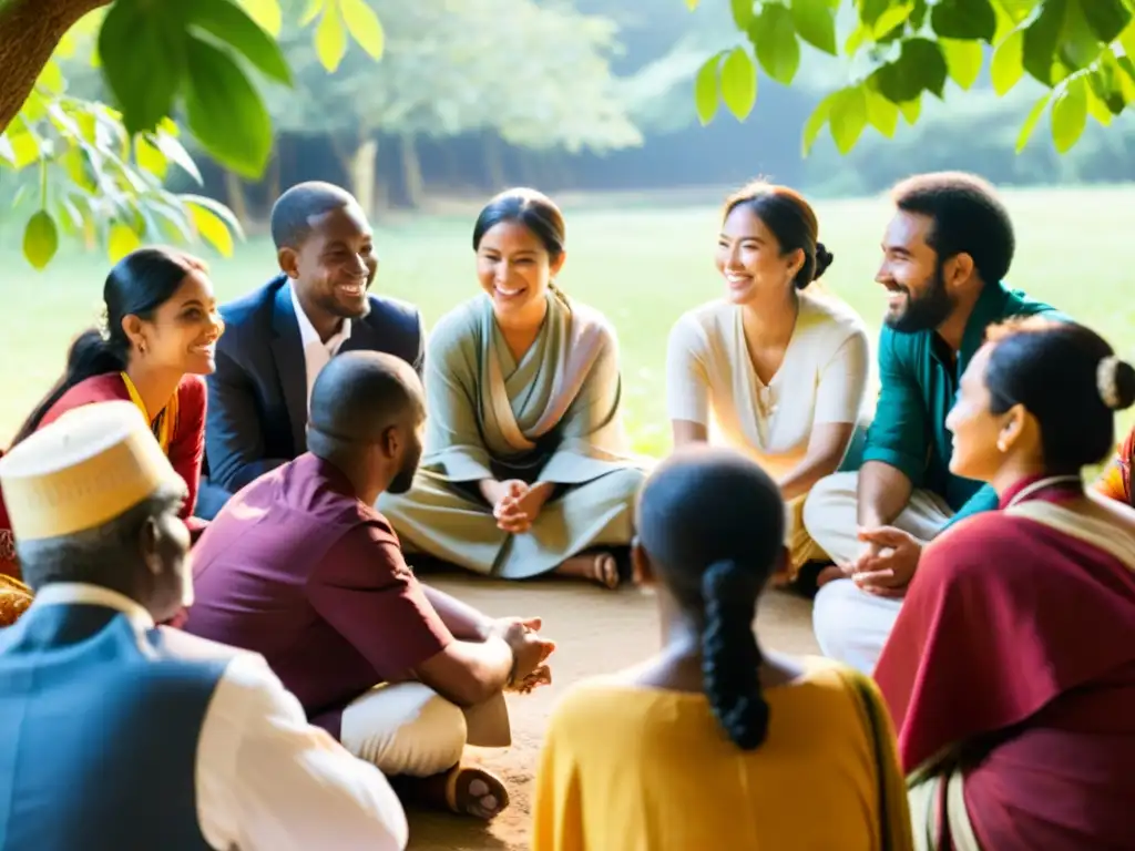 Grupo multicultural en círculo, dialogando con respeto y empatía en entorno natural