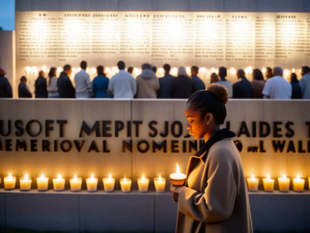 Un grupo ante un muro memorial iluminado por velas, refleja la importancia de recordar para la democracia