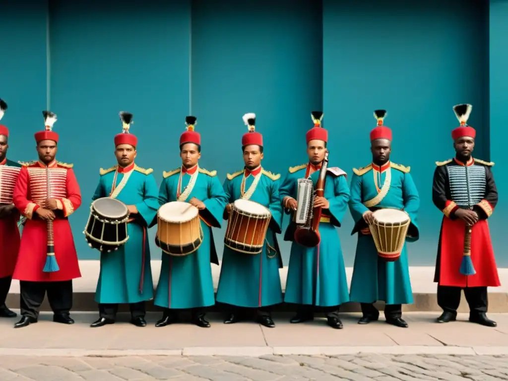 Grupo de músicos desafía la represión cultural con determinación, contrastando colores vibrantes y tonos apagados de la ciudad