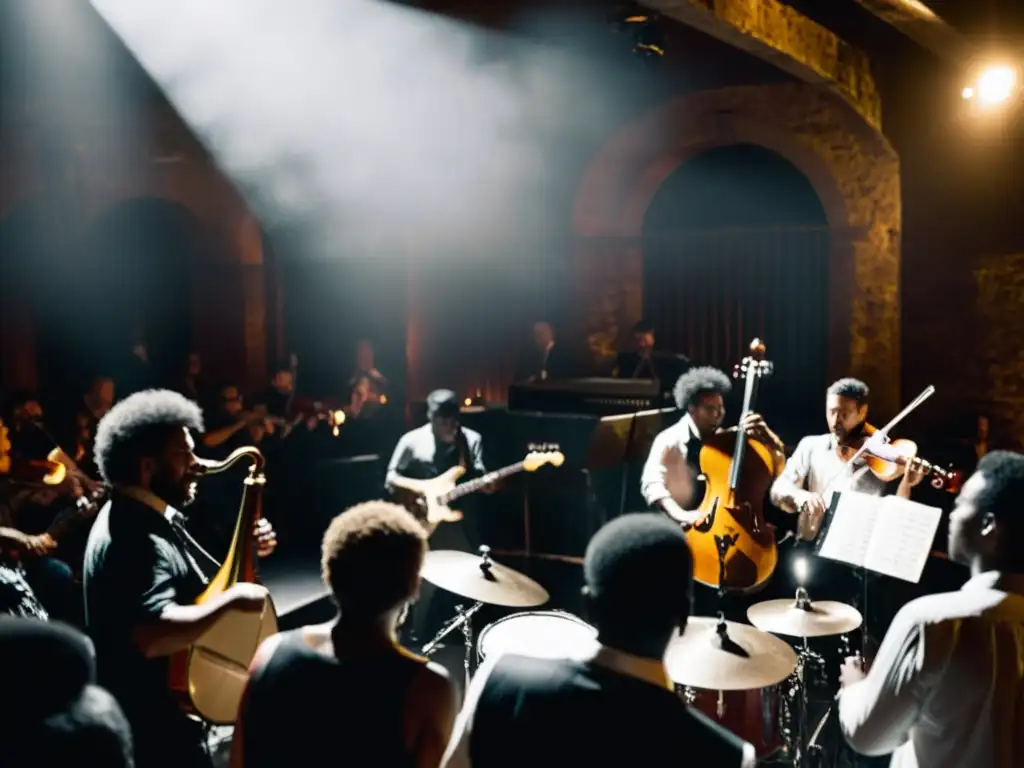 Grupo de músicos desafía la represión cultural con su música en un sótano clandestino, expresando intensidad y pasión en blanco y negro