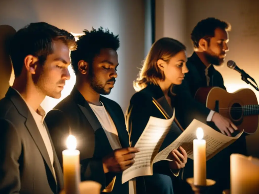 Un grupo de músicos se reúnen en una habitación tenue, iluminados por una vela