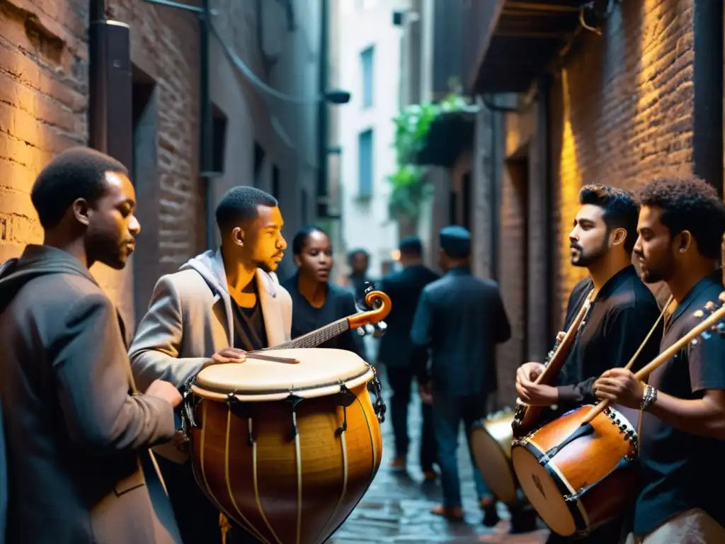 Grupo de músicos tocando instrumentos tradicionales en un callejón iluminado, expresando la música como expresión de derechos humanos