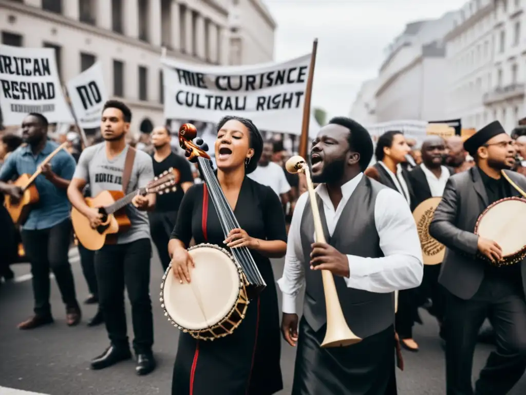 Grupo de músicos tocando instrumentos tradicionales en una protesta, expresando derechos humanos a través de la música